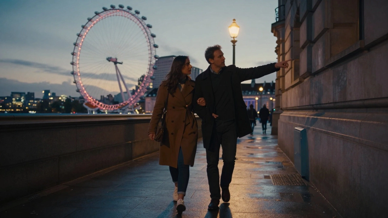 A couple walking along the Thames at dusk, London Eye glowing in the distance, quiet and connected.