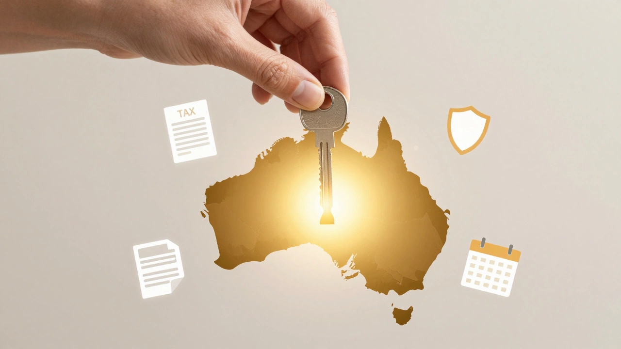 A hand inserting a key shaped like Australia into a lock, surrounded by icons of tax, bank, shield, and calendar.