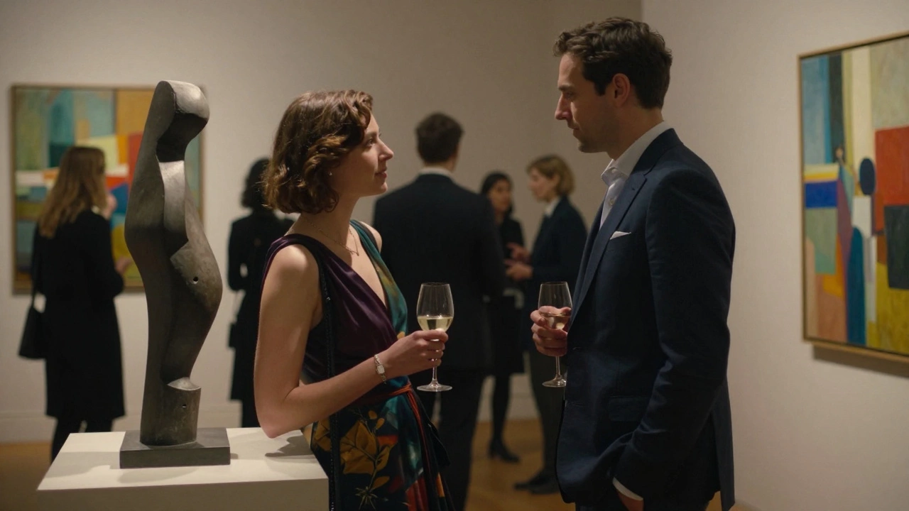 A woman and man conversing at an art gallery opening, elegant attire, soft lighting, abstract paintings in background.