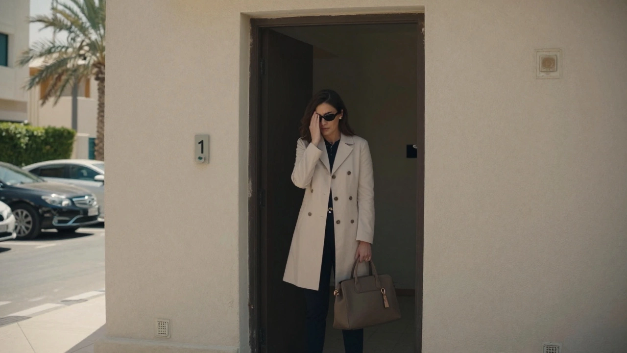 A woman hesitating at a quiet Dubai building entrance, dressed casually, no signs of nightlife.