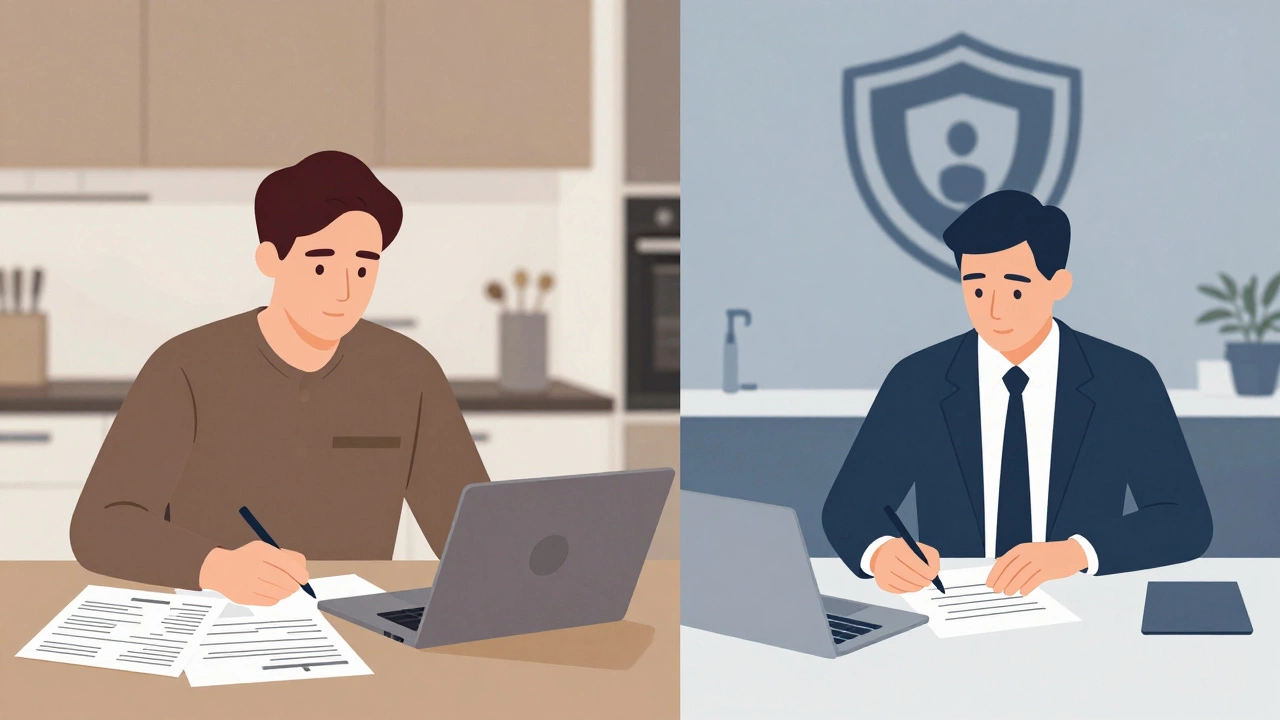 Split image comparing a sole trader at a kitchen table with a company director in an office, highlighting business structures.