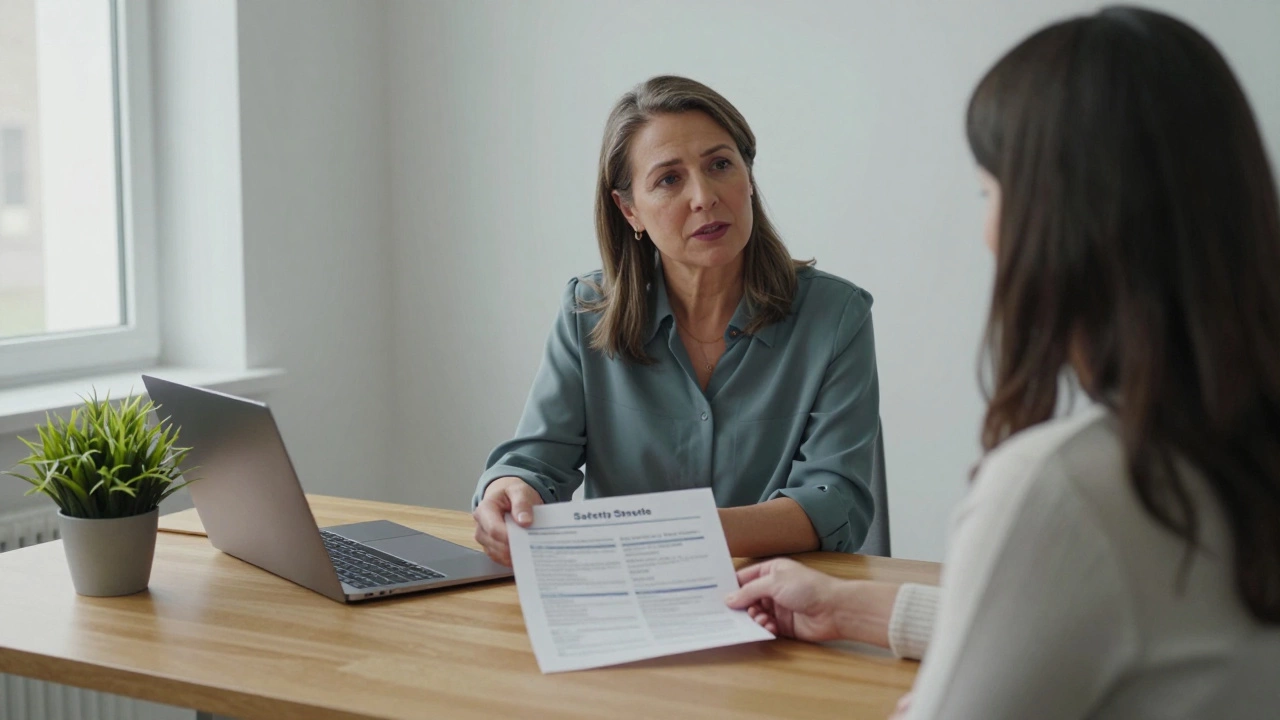 Two women in a plain office, one handing safety guidelines to the other under natural light.
